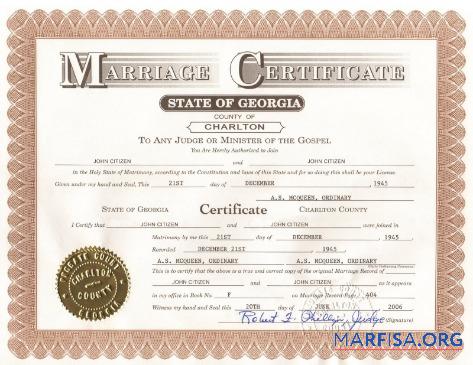 Blank USA Charlton county marriage certificate real example